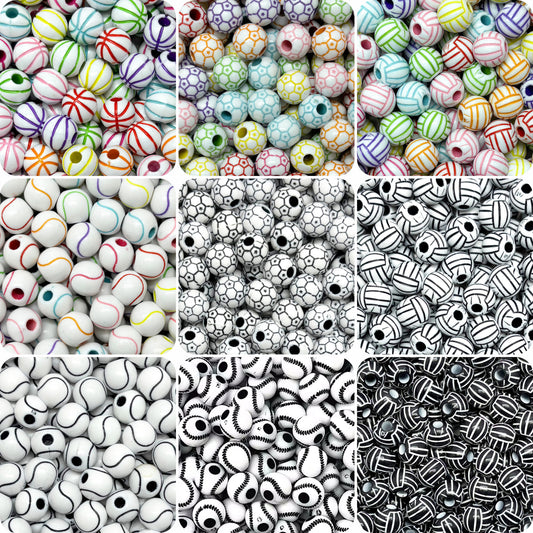 Sports & Striped Pattern Acrylic Round Beads for DIY Jewelry Making
