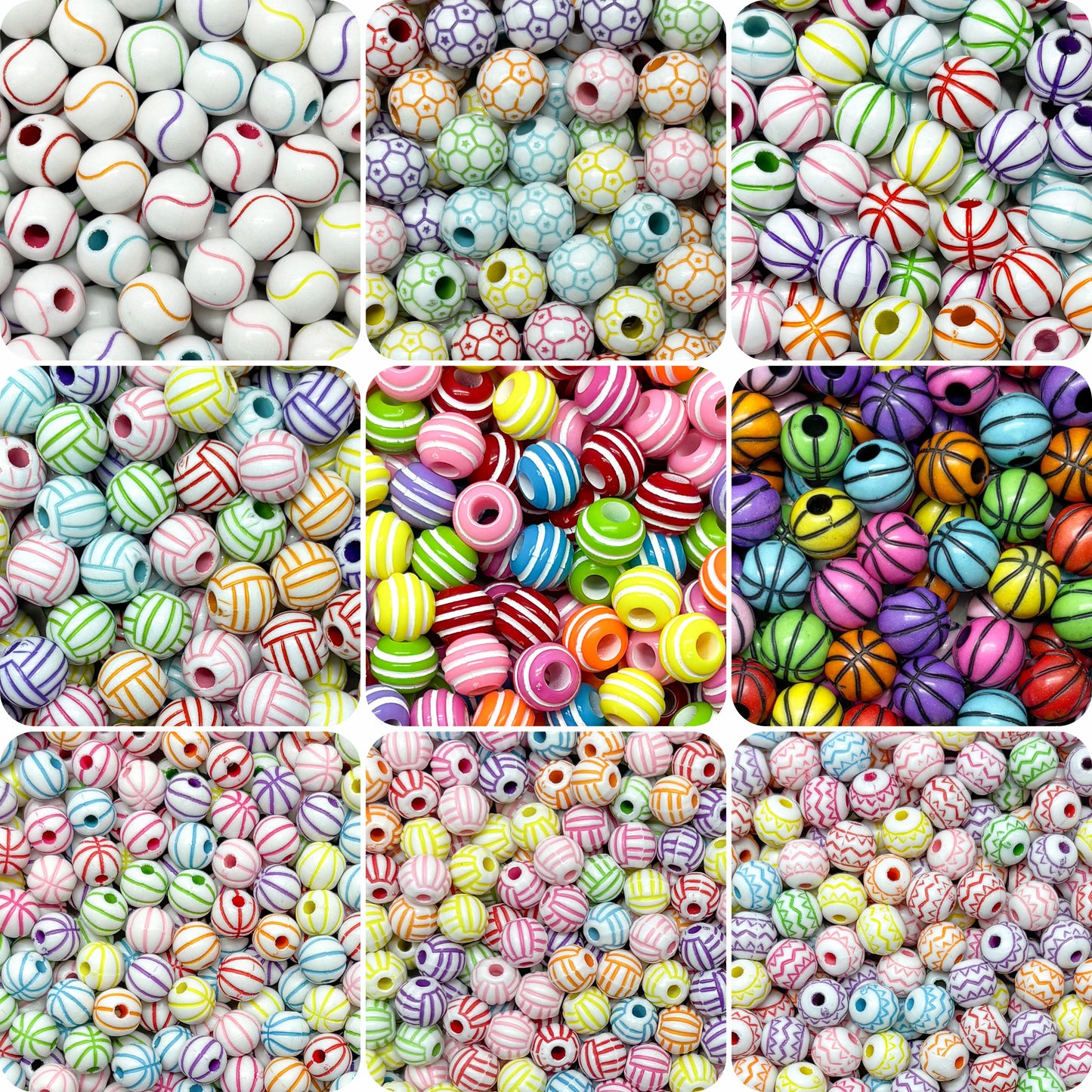 Sports & Striped Pattern Acrylic Round Beads for DIY Jewelry Making