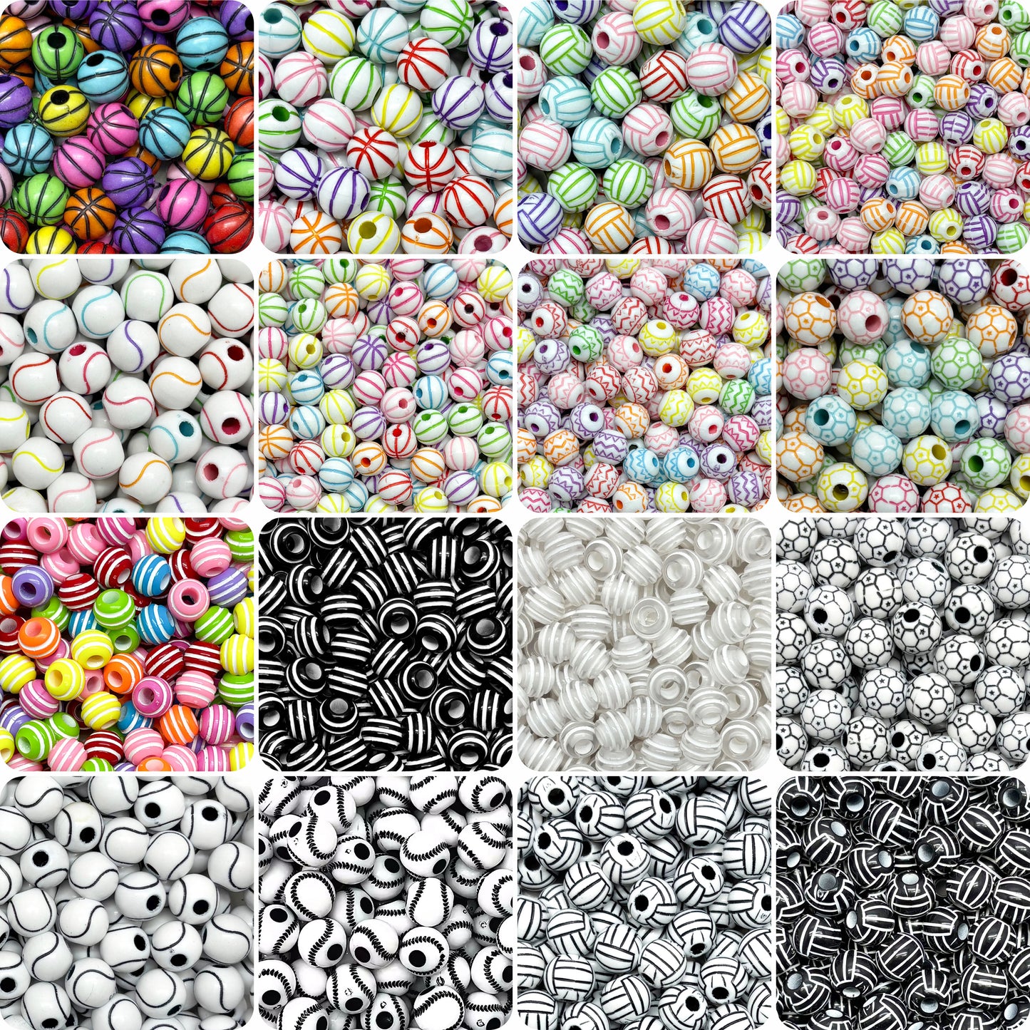 Sports & Striped Pattern Acrylic Round Beads for DIY Jewelry Making