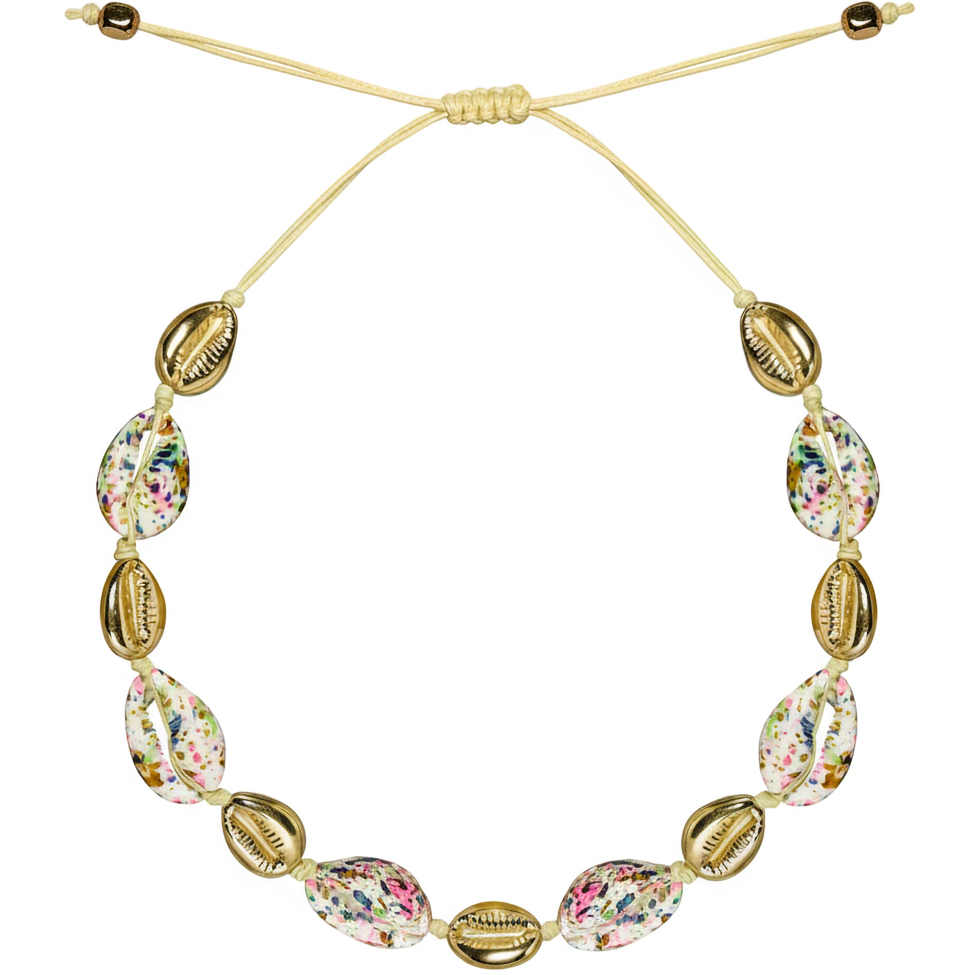 Multicolor cowrie shell bracelet with gold charms adjustable cord