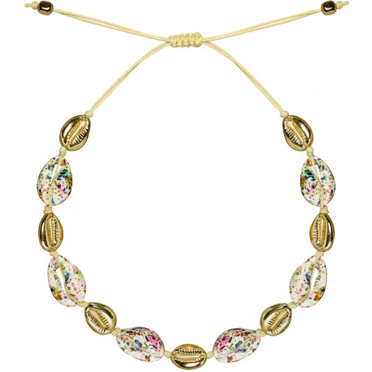 Multicolor cowrie shell bracelet with gold charms adjustable cord