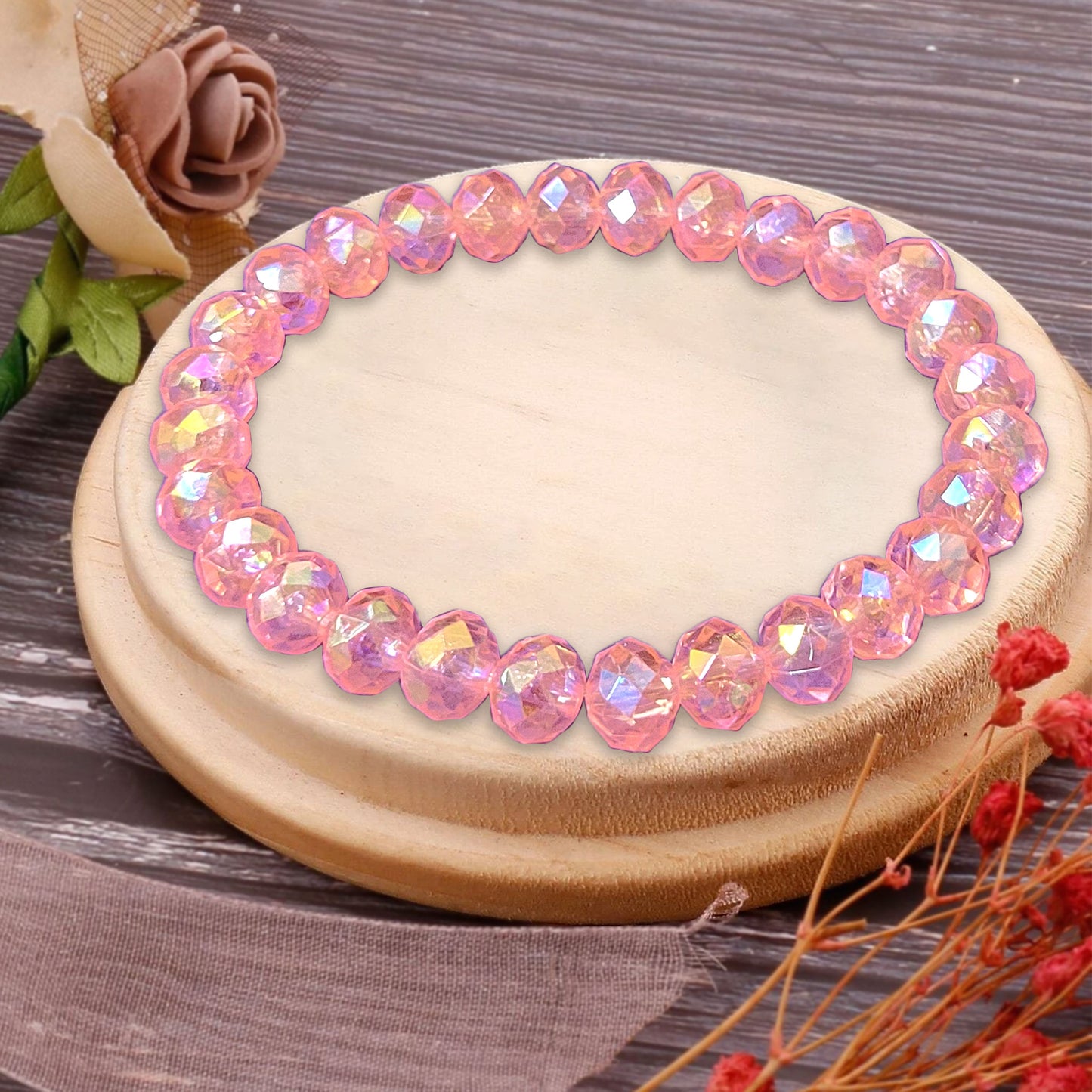 Rondelle Rainbow Bracelet for Women and Girls - 6 Inch - 8mm Beads