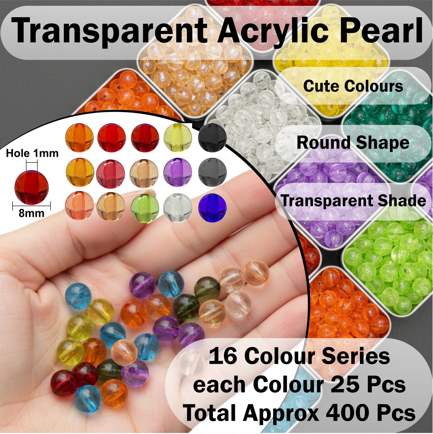 16-Color Transparent Acrylic Round Crystal Beads for Jewelry Making - Pack of [400 Pcs]