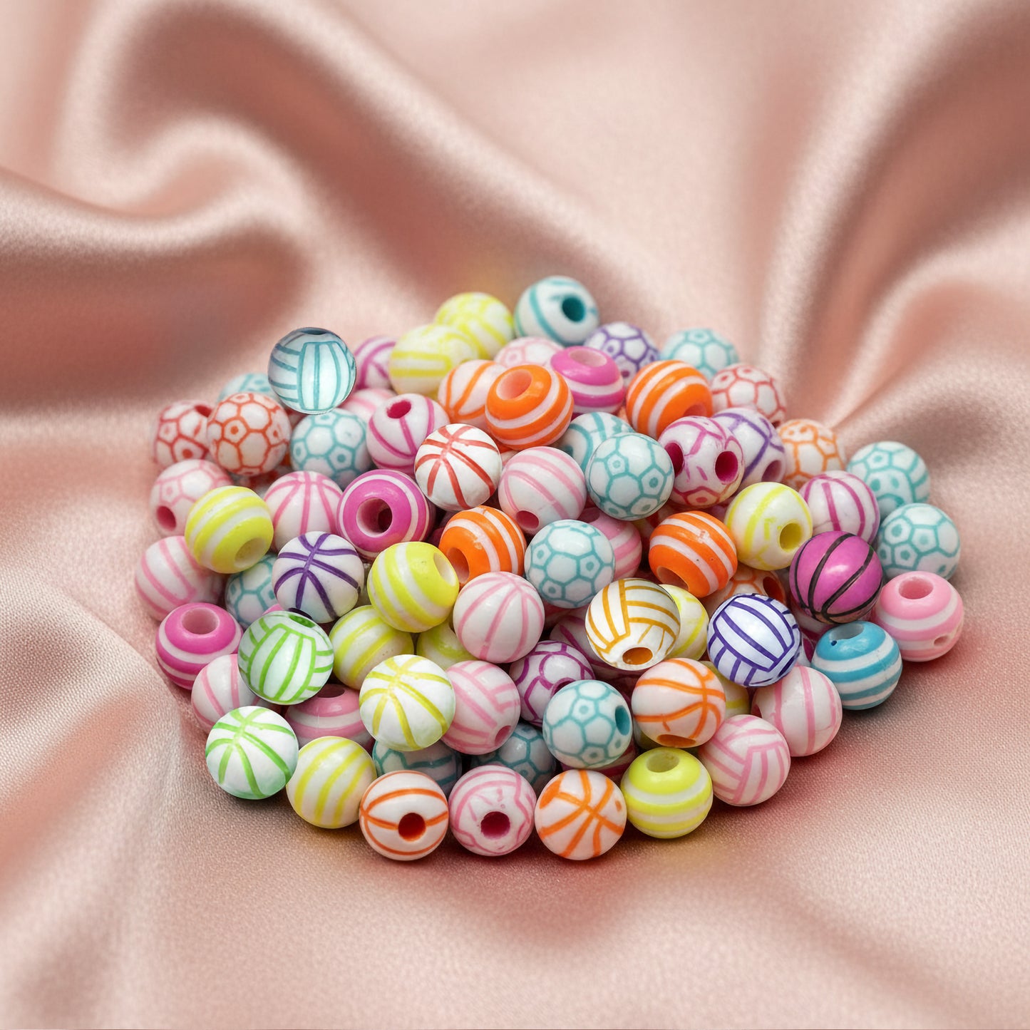 Sports & Striped Pattern Acrylic Round Beads for DIY Jewelry Making