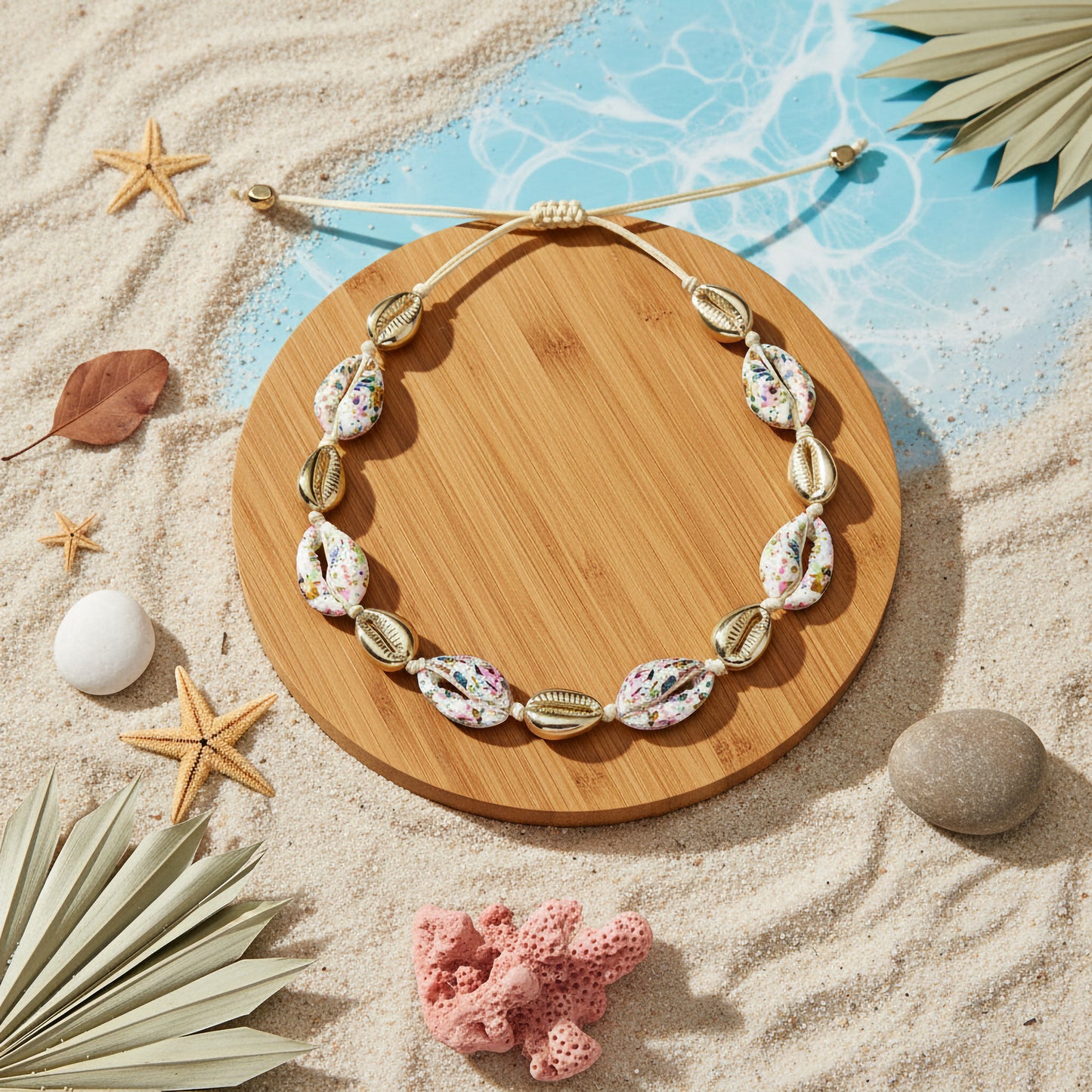 Handmade boho bracelet with shells and adjustable string