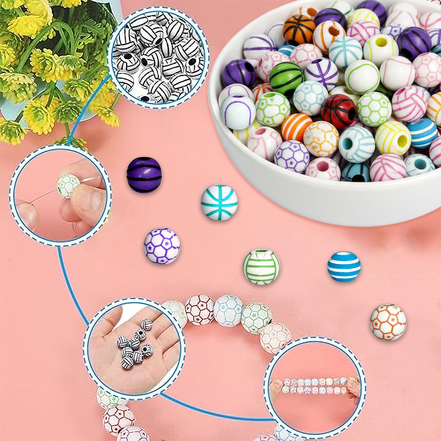 Sports & Striped Pattern Acrylic Round Beads for DIY Jewelry Making