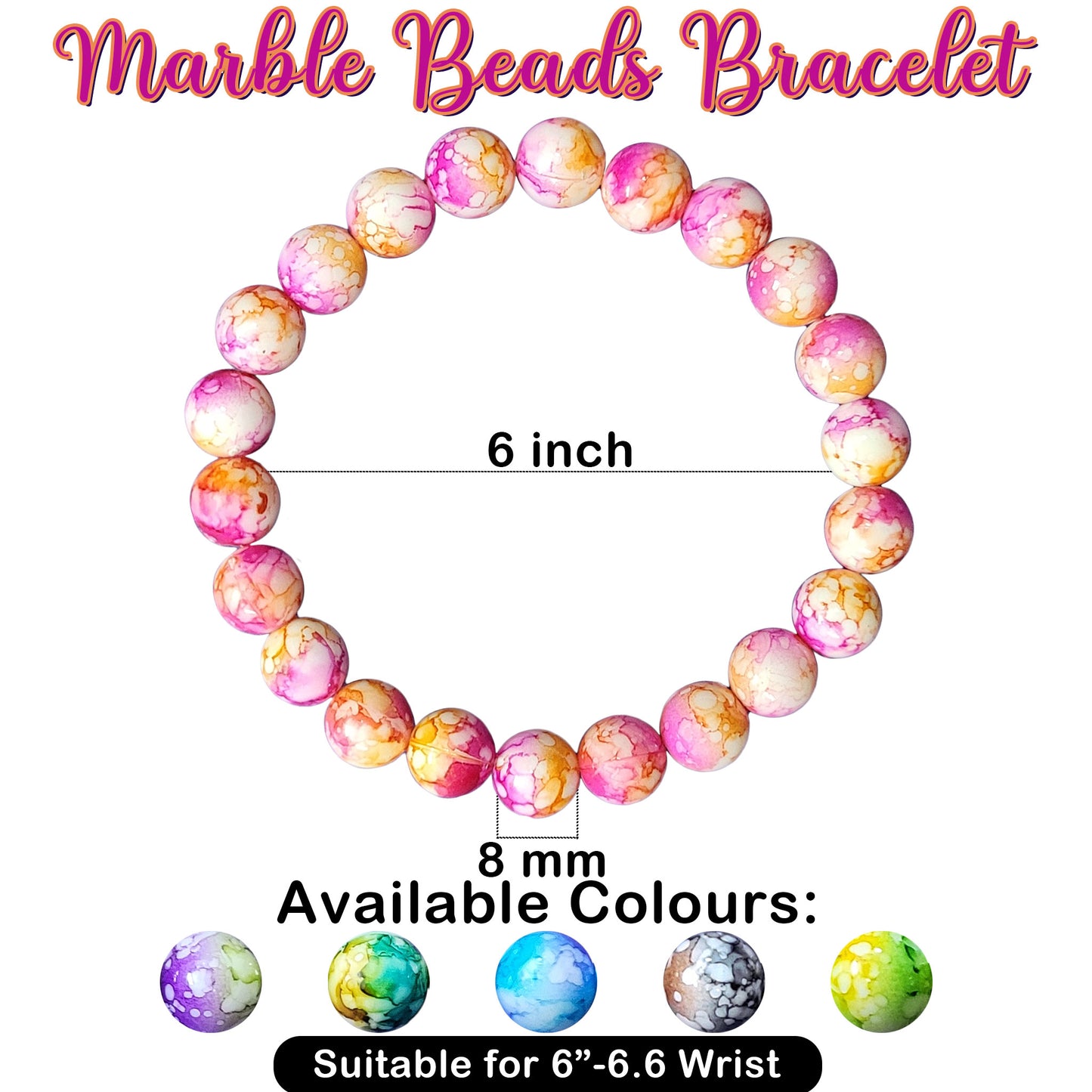 Marble Bracelet for Women and Girls - 6 Inch, 8mm Beads