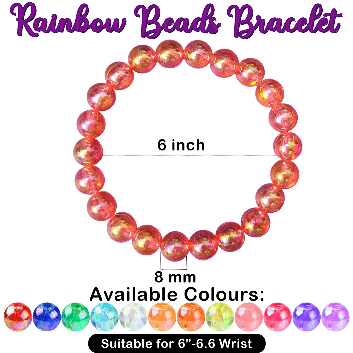 Rainbow Pearl Bracelet for Women and Girls - 6 Inch - 8mm beads